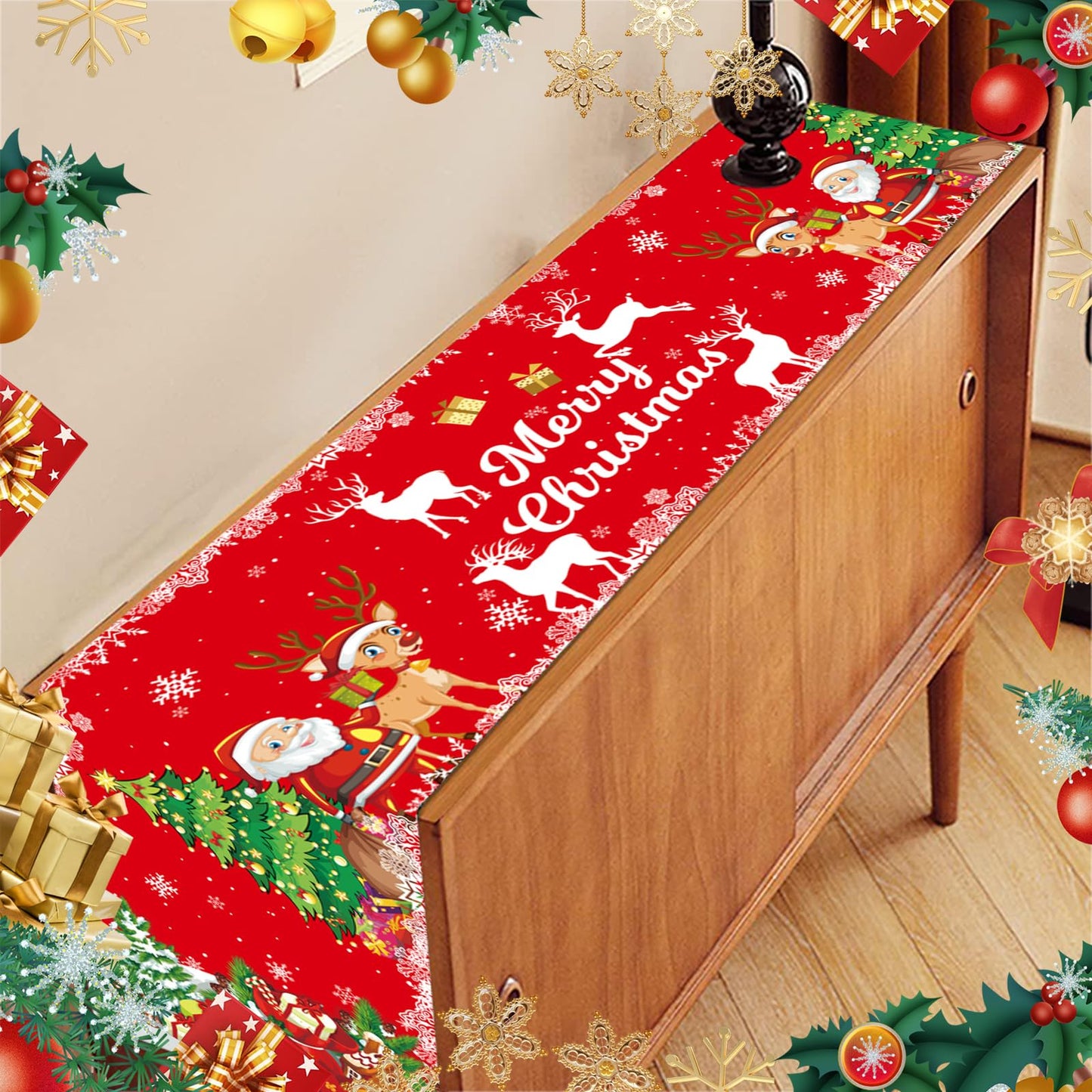 Merry Christmas Table Runner, Linen Christmas Trees Table Runner Red Merry Xmas Table Runner Long Seasonal Winter Holiday Kitchen Dining Table Decoration for Indoor Outdoor Home Party Christmas Decor