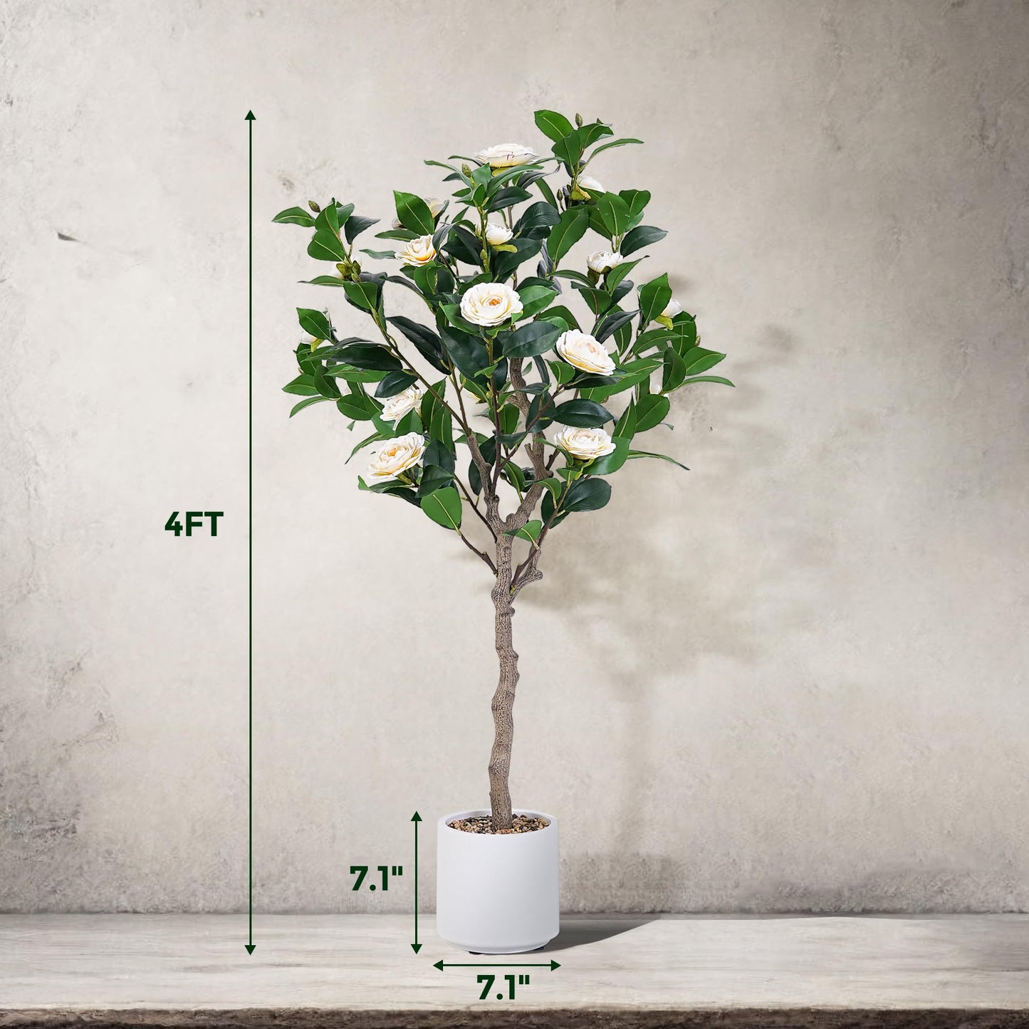 Jocoevol Artificial Camellia Tree 4ft, 2 Pack Indoor Fake Plant with Realistic Trunk, Leaves, Flowers and White Planter, Faux Potted Tree for Home Decor and Housewarming Gift