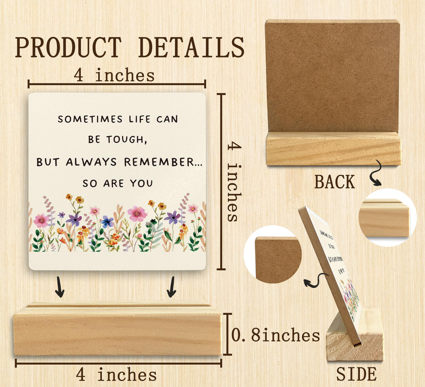 QASHWEY Motivational Desk Decor, Inspirational Desk Decor Floral Wood Table Signs, Inspirational Gifts for Women Friends, Sometimes Life Can be Tough Wooden Plaque with Wooden Stand for Home Office