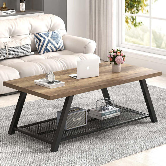 FOLUBAN Coffee Table, Modern Rustic Wood and Metal Center Table with Storage, Industrial Cocktail Tea Table for Living Room, Oak, 47 Inch