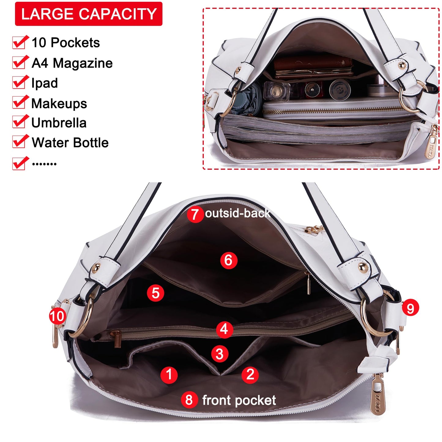 Womens Large Leather Hobo Handbag Ladies Fashion Tote Satchel Shoulder Crossbody Bags 3pcs Purses Set