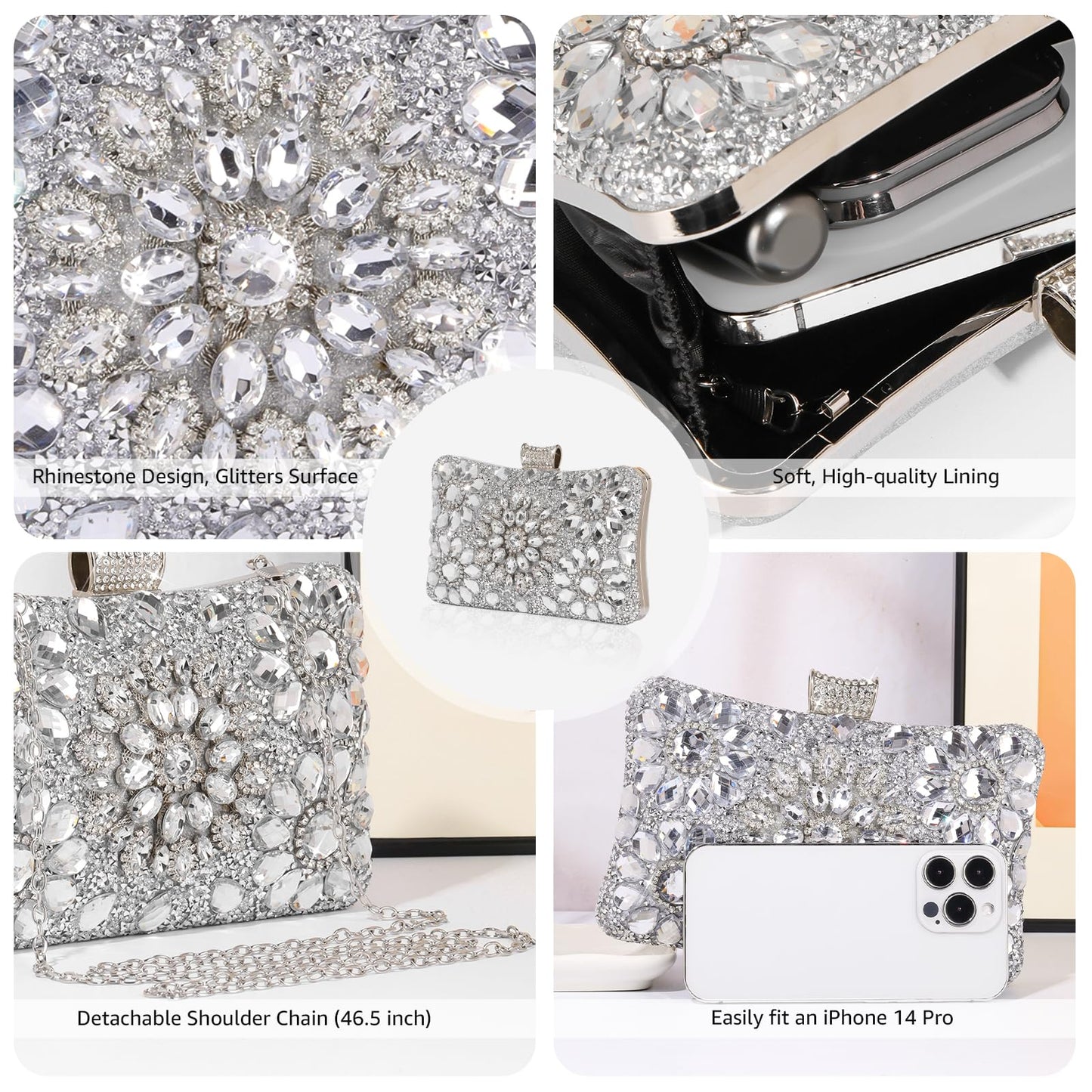 AIBAOWU Rhinestone Silver Purses for Women Rhinestone Evening Bag for Wedding Clutch Silver Purse Handbags Cocktail for Party Prom