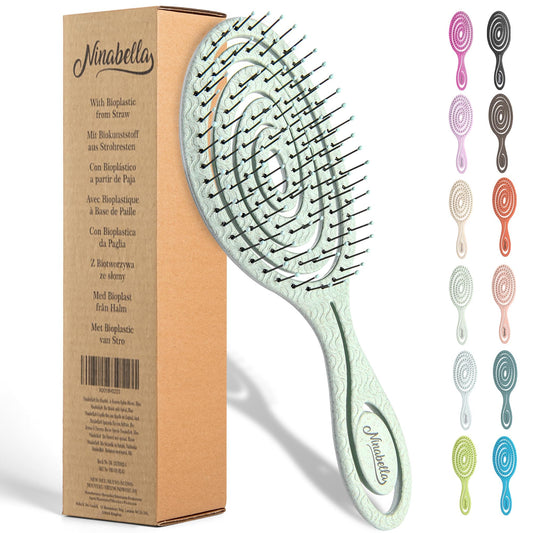 Ninabella Organic Detangling Hair Brush for Women, Men & Children - Does not Pull on Hair - Straightening Brushes for Straight, Curly & Wet Hair - Unique Spiral Hairbrush Green