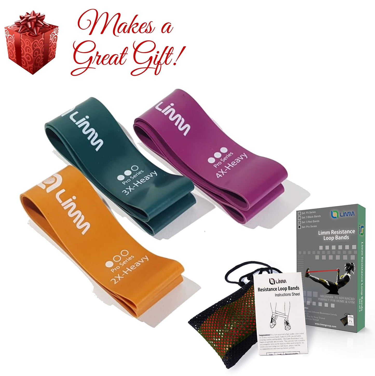 Limm Resistance Loop Exercise Bands - Set of 3 Bands for Working Out with Instruction Guide & Carry Bag - Mini Resistance Bands for Home Workouts, 12" x 2"