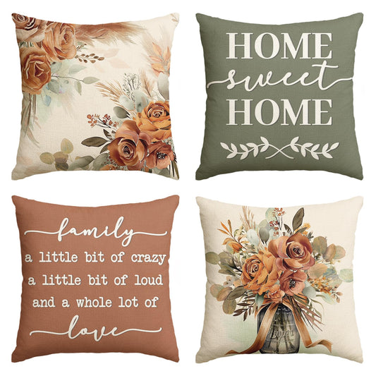 AVOIN colorlife Home Sweet Home Terracotta Sage Throw Pillow Covers, 18 x 18 Inch Seasonal Fall Eucalyptus Floral Motto Cushion Case for Sofa Couch Set of 4