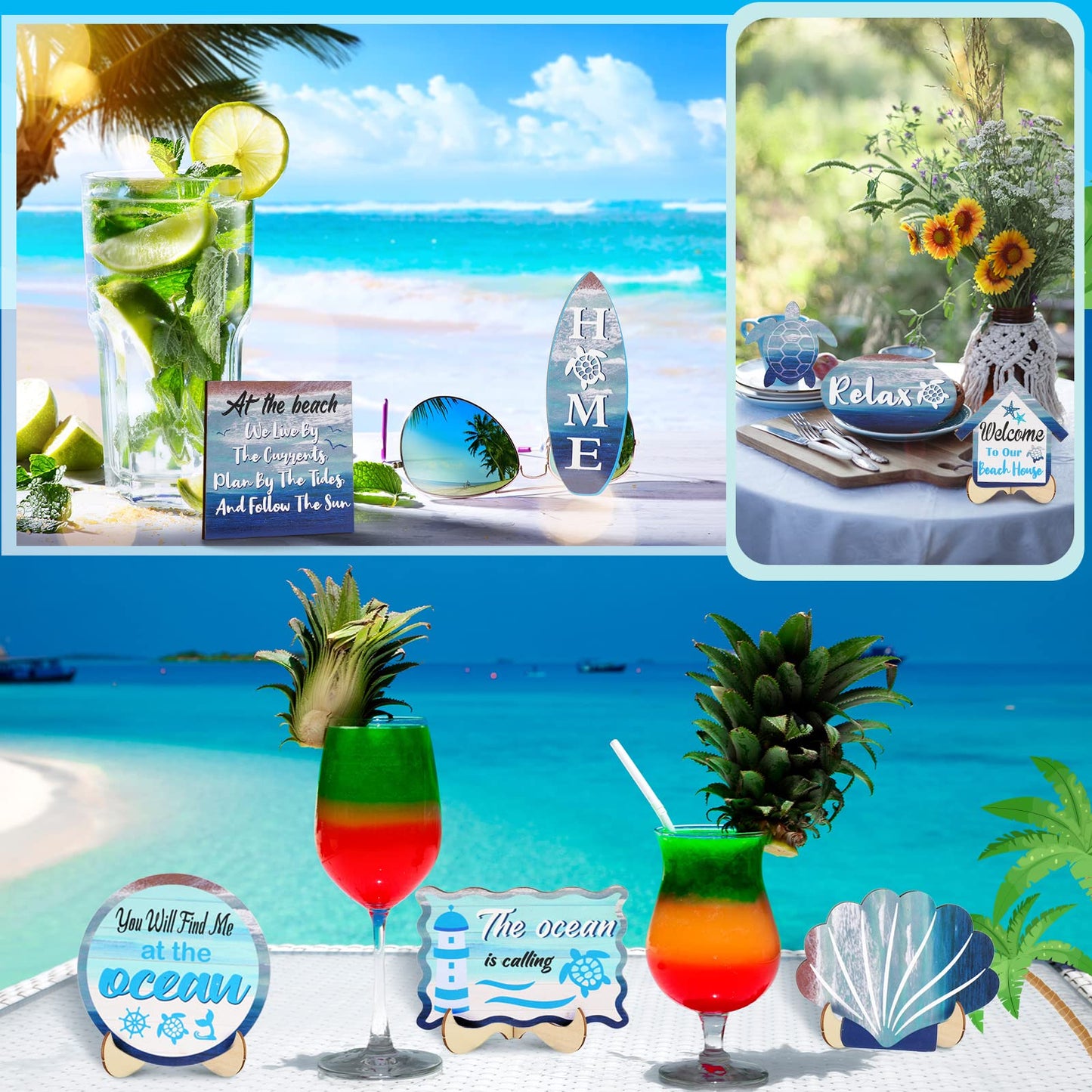 Maitys 21 Pcs Summer Beach Tiered Tray Decor Set Farmhouse Tray Decor Items Sea Turtle Shell Conch Wood Sign Rustic Beach Table Decoration for Home Kitchen Hawaii Party Holiday Outdoor Shelf