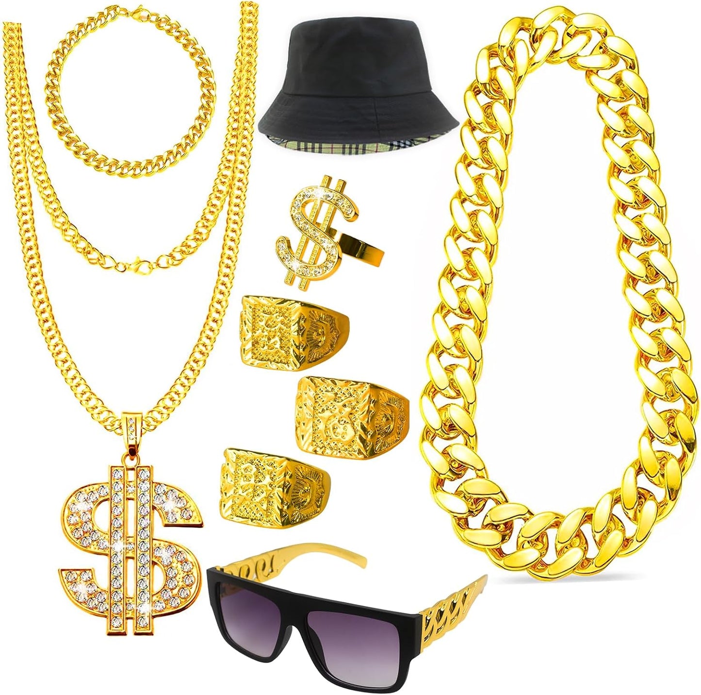 9 PCS Hip Hop Costume Kit 80s 90s Rapper Accessories, Outfits for Men Women Cosplay Gatherings Club Nostalgia Old School Themed Party Supplies