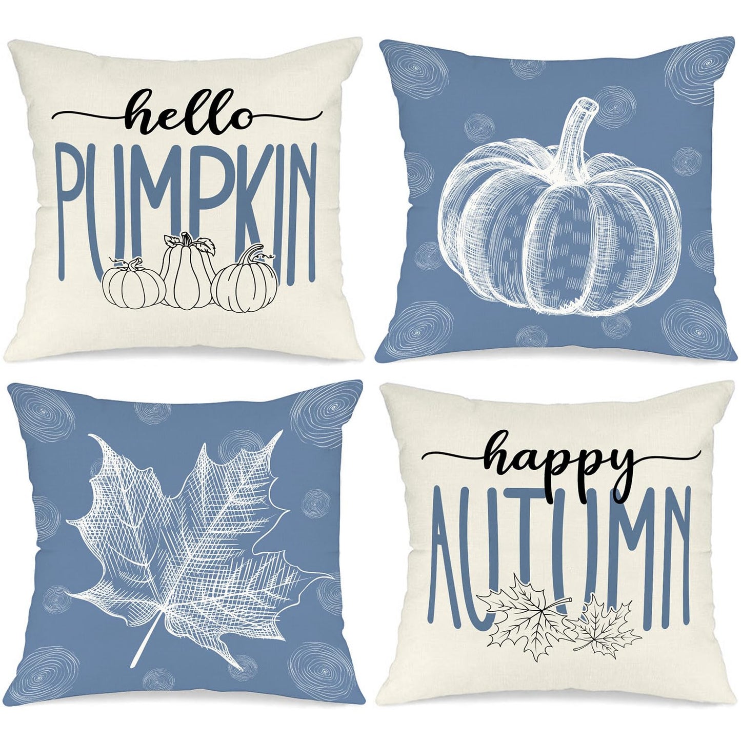 Ywlake Blue 18x18 Throw Fall Pillow Covers Set of 4, Maple Leaf Pumpkin Decorative Holiday 18 x 18 Autumn Cushion Covers Thanksgiving Pillow Case for Indoor Home Bedroom Couch Sofa Decor