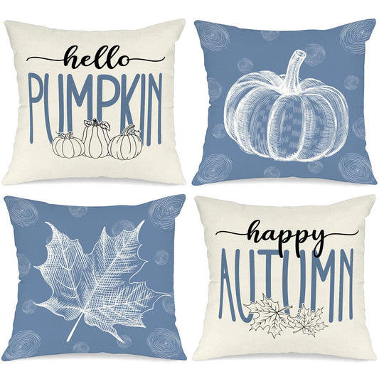 Ywlake Blue 18x18 Throw Fall Pillow Covers Set of 4, Maple Leaf Pumpkin Decorative Holiday 18 x 18 Autumn Cushion Covers Thanksgiving Pillow Case for Indoor Home Bedroom Couch Sofa Decor