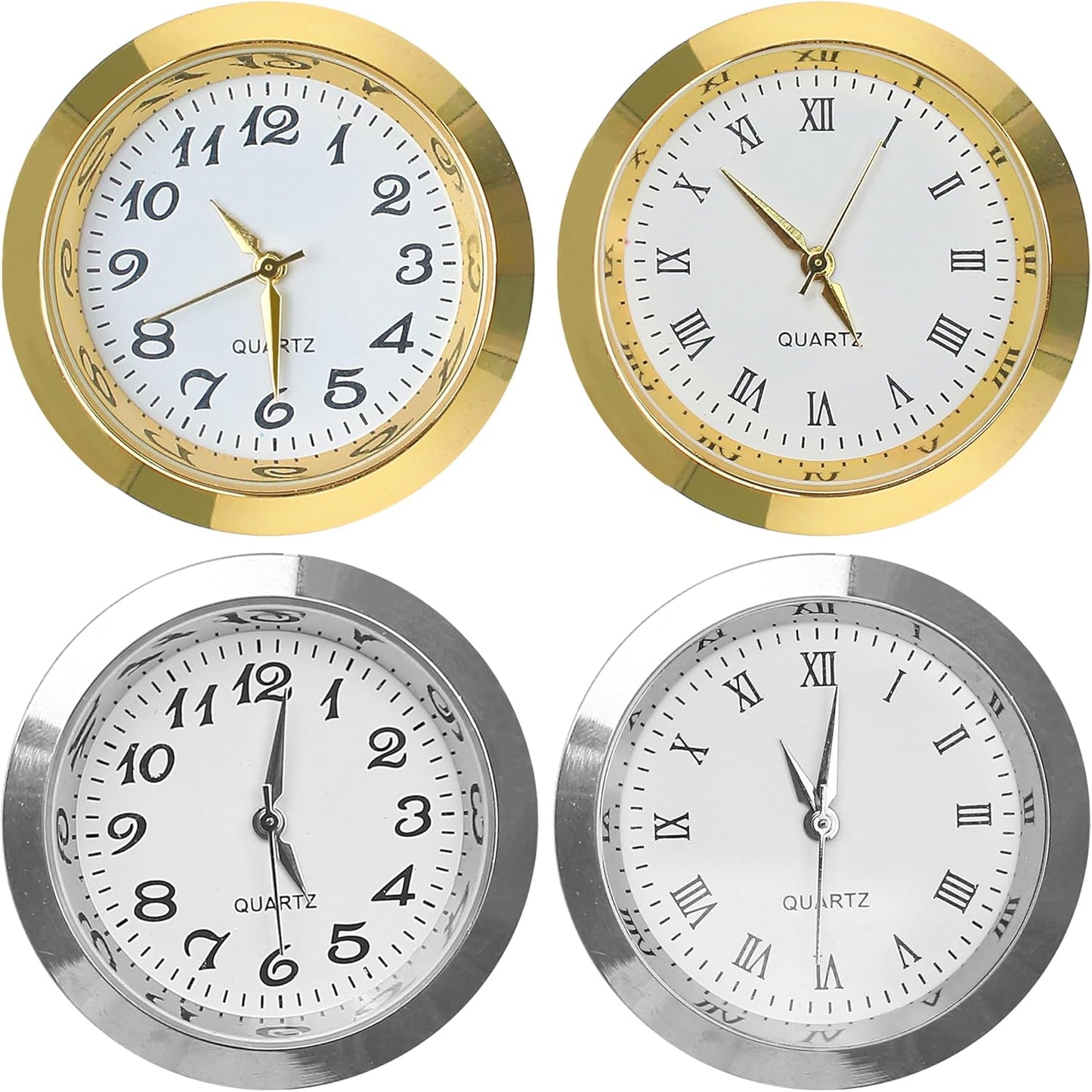 4PCS Mini Clock Insert Face Replacement, Fit 35mm (1.38") Hole Diameter, Round Inner Miniature Crystal Roman Numeral Quartz Movement Metal Gold Silver Bezel Supplies for DIY Craft Repair Easy Read