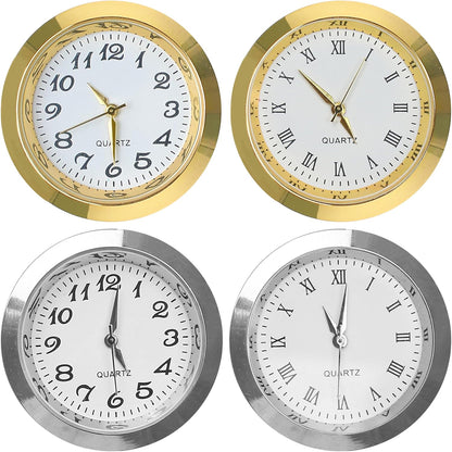 4PCS Mini Clock Insert Face Replacement, Fit 35mm (1.38") Hole Diameter, Round Inner Miniature Crystal Roman Numeral Quartz Movement Metal Gold Silver Bezel Supplies for DIY Craft Repair Easy Read