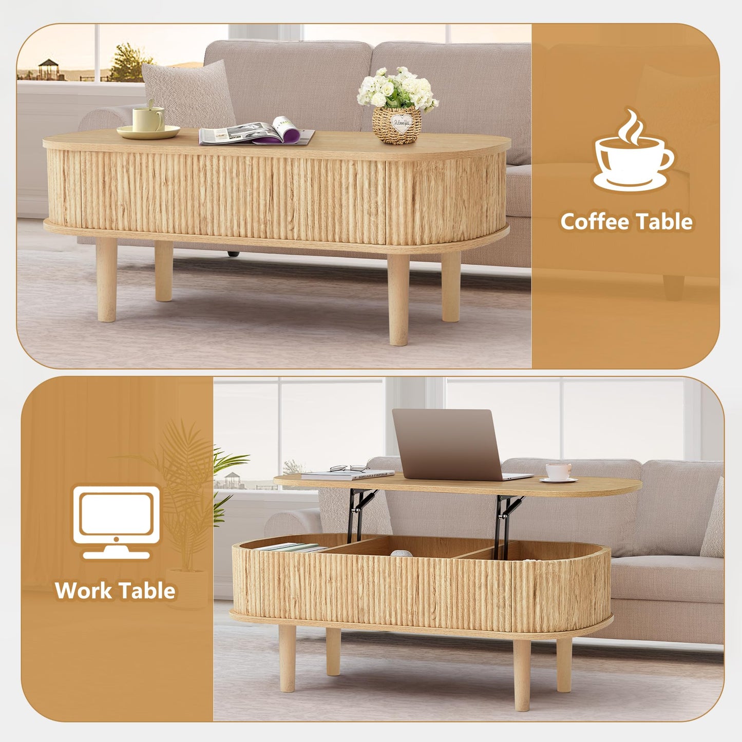 Fluted Lift Top Coffee Table with Hidden Compartment, Fully Assembled Wooden Center Table, Modern Oval Lift Tabletop for Home Living Room Office, Natural