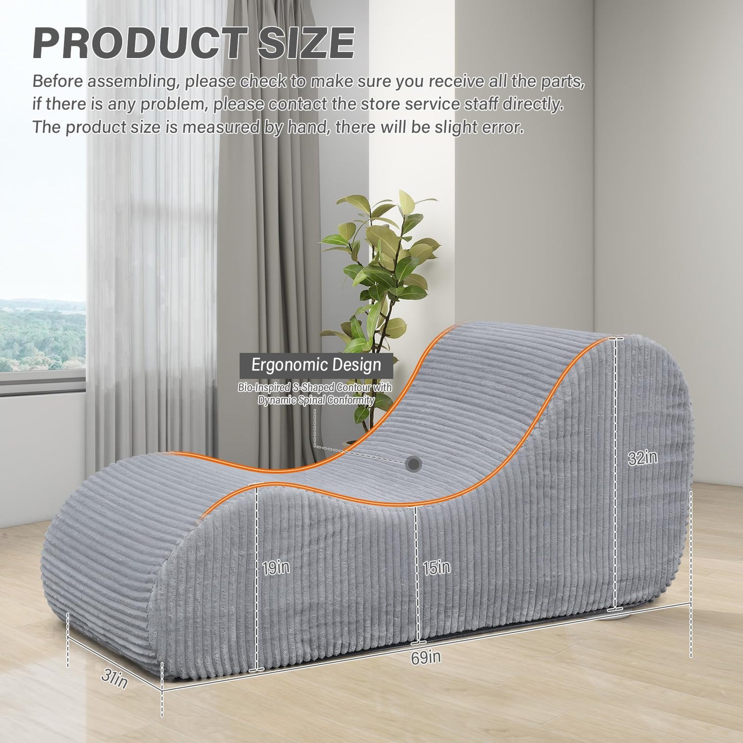 Corduroy Chaise Lounge Chair Couch Indoor Boneless Oversized High-Density Sponge Soft Sofa Human Body Curves for Yoga, Light Grey