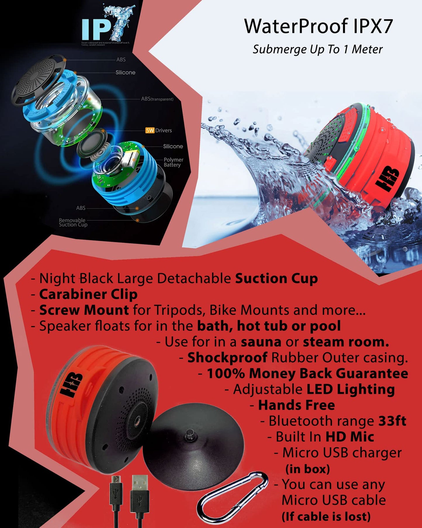 Bluetooth Shower Speaker Waterproof - Portable Shower Speakers Wireless, IPX7 Waterproof, Small, Mini Radio, Water Proof, Blue Tooth, for iPhone & Android, for Home, Outdoor & Bathroom