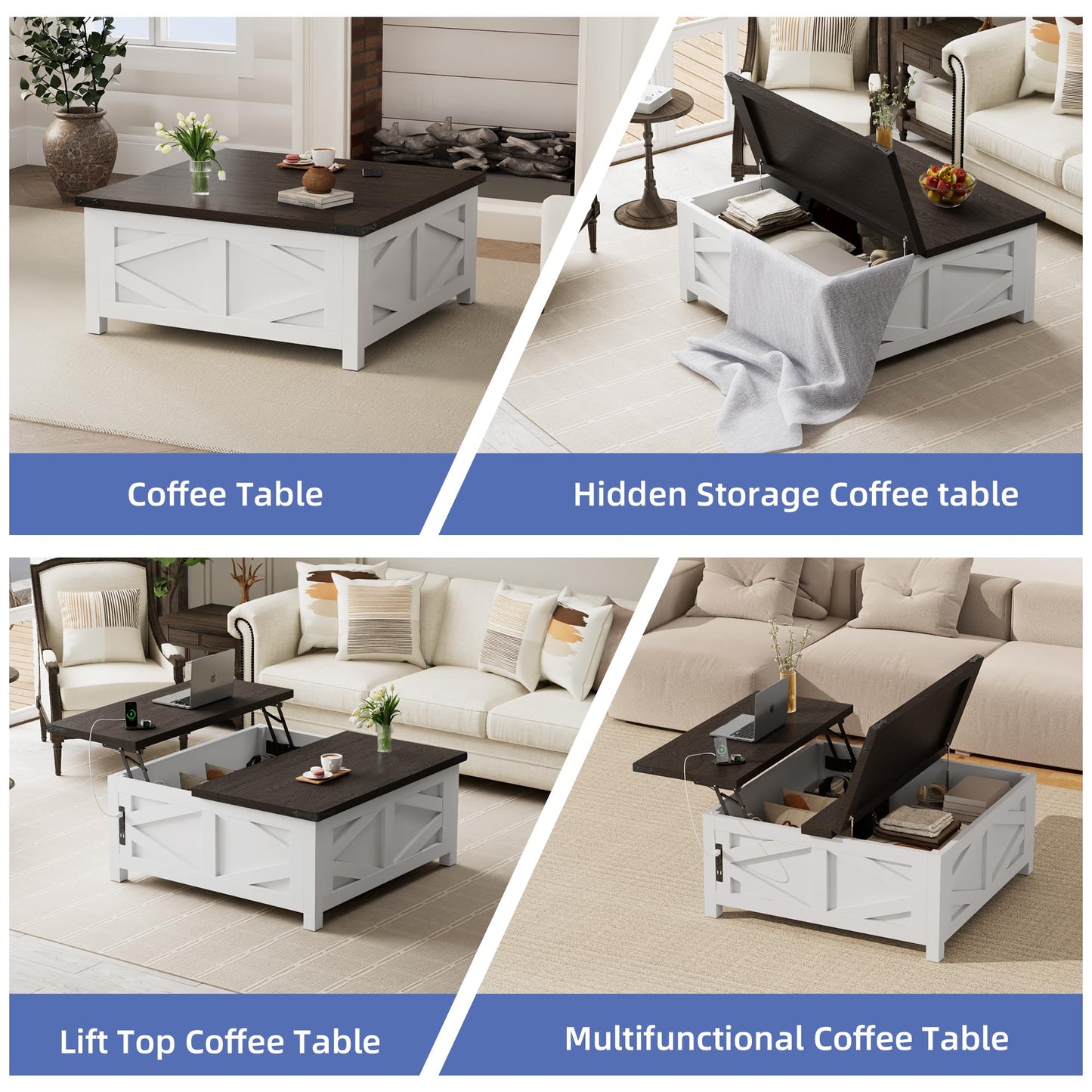 Buytime Farmhouse Lift Top Coffee Table with Storage, Wood Square Center Table with Charging Station, Living Room Table with Large Hidden Space, Rustic White