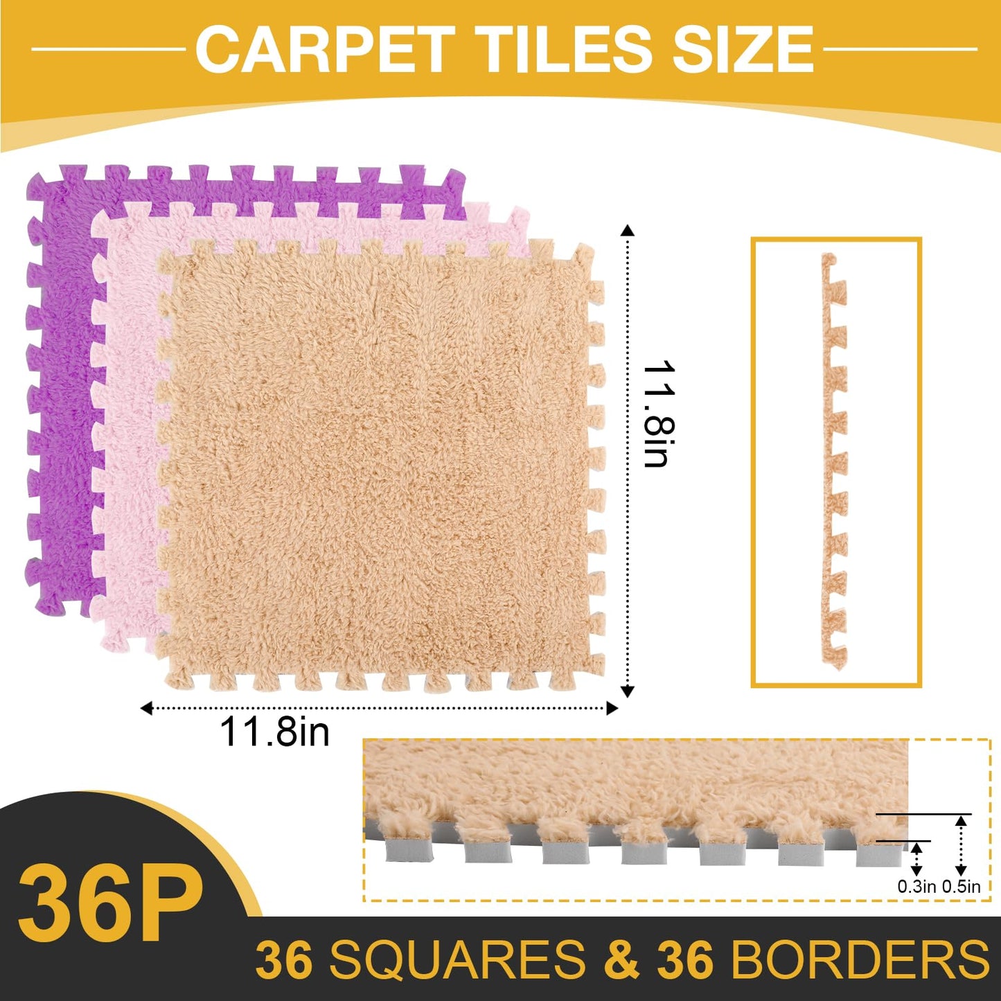36 Pcs Plush Interlocking Carpet Tiles，Non-Toxic Foam Carpet Tiles for Toddler Baby，Machine-Washable，Anti-Slip，EVA Foam Interlocking Tiles for Floor, Nursery, Playroom，Purple,Light Brown,Pink