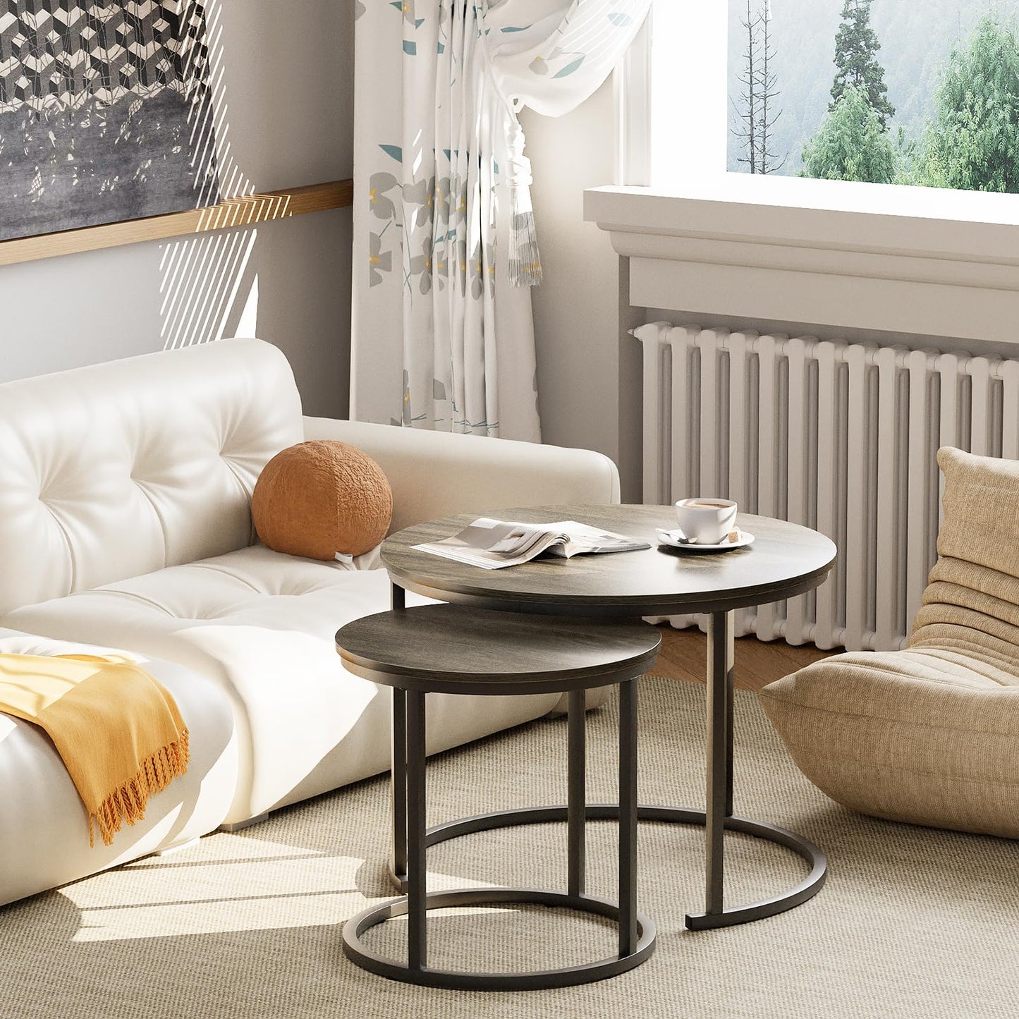 VILAWLENCE Nesting Coffee Table Set of 2, Modern Round Side Table End Tables for Living Room Bedroom Balcony,Grey Wooden Stacking Accent Coffee Tables with Metal Frame