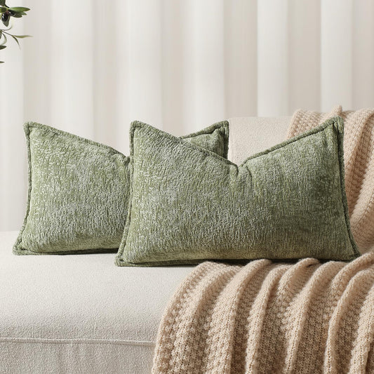 DEZENE Pack of 2 Sage Green Decorative Throw Pillow Covers 12x20 Cozy Soft Chenille Accent Vintage Rectangular Lumbar Couch Pillow Covers for Home Decor Bed Sofa Living Room