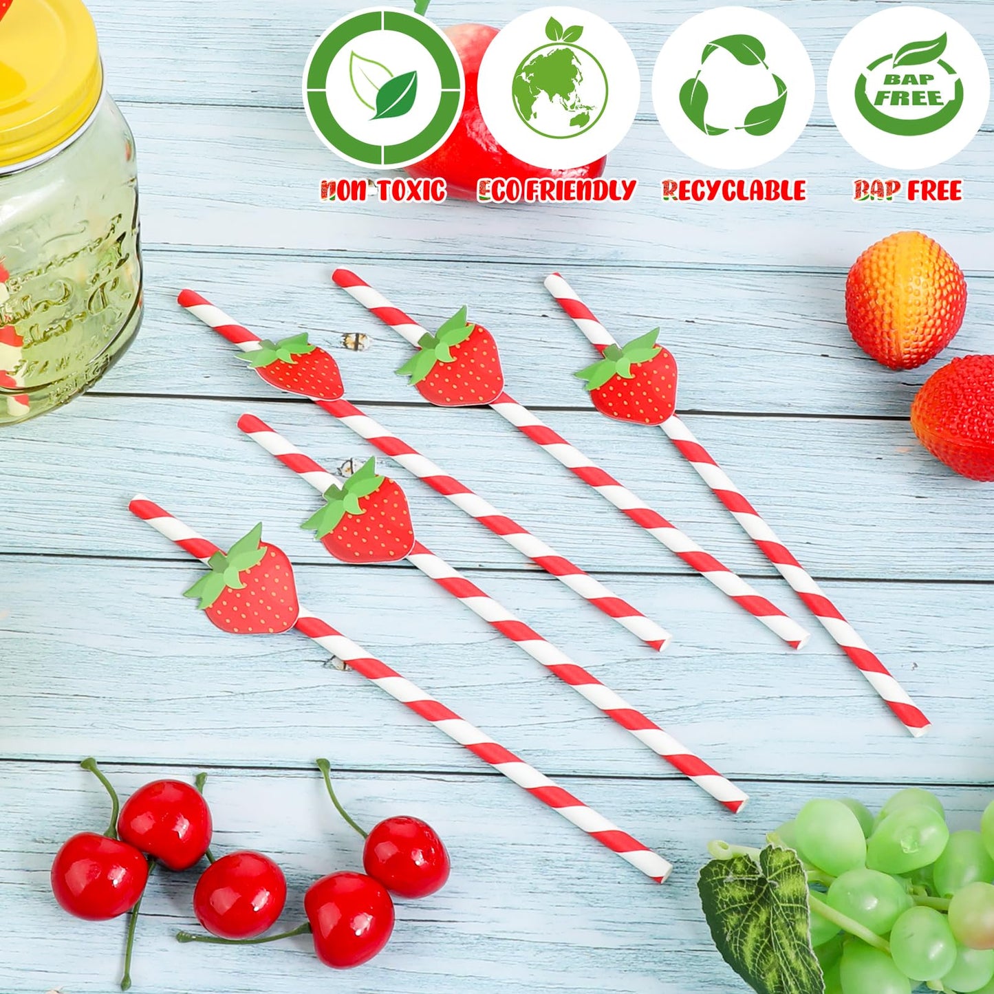 Strawberry Straws, 30 Pack Disposable Drinking Straws Cute Paper Straws with Stripes for Juice, Cocktail, Milkshake, Baby Shower Strawberry Birthday Decorations Strawberry Party Favors - 7.76 Inches