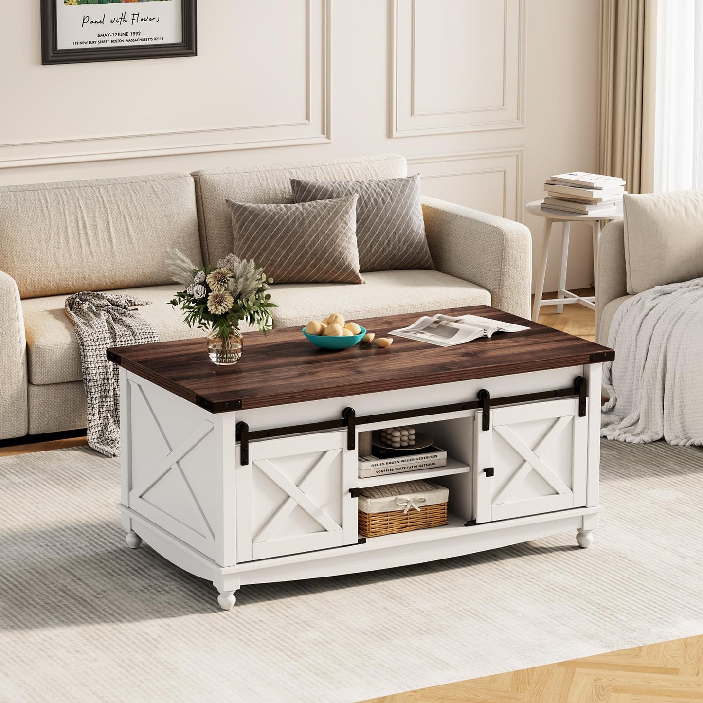 ALLSTAND 48" Farmhouse Lift Top Coffee Table with Storage Sliding Barn Door & Large Hidden Compartment, Coffee Table with Lifting Top with Wooden Lift Tabletop, Coffee Tables for Living Room, White
