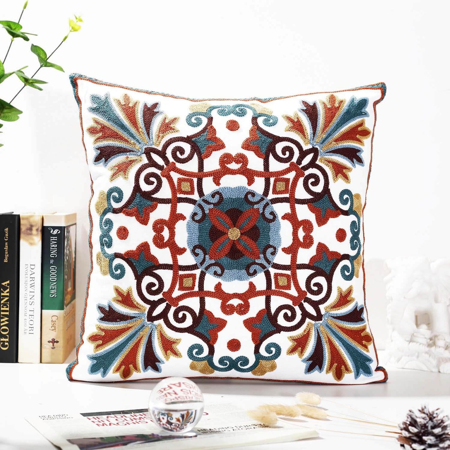 Oneslong Decorative Throw Pillows Cover 18x18inch Pack of 1 Embroidered Pattern 100% Cotton Couch Pillow Covers for Living Room Sofa Chair