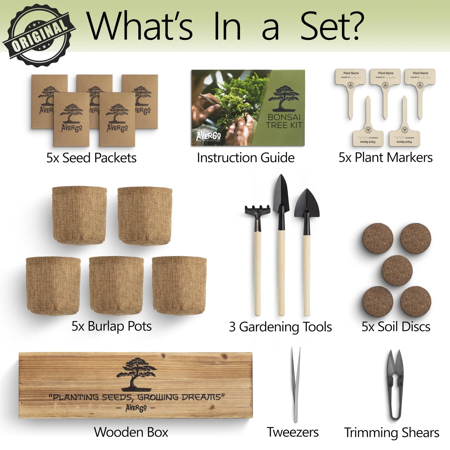 AVERGO Bonsai Tree Kit for Beginners – 5X Unique Japanese Bonzai Trees | Complete Indoor Starter Kit for Growing Plants with Bonsai Seeds, Tools & Planters – Gardening Gifts for Women & Men