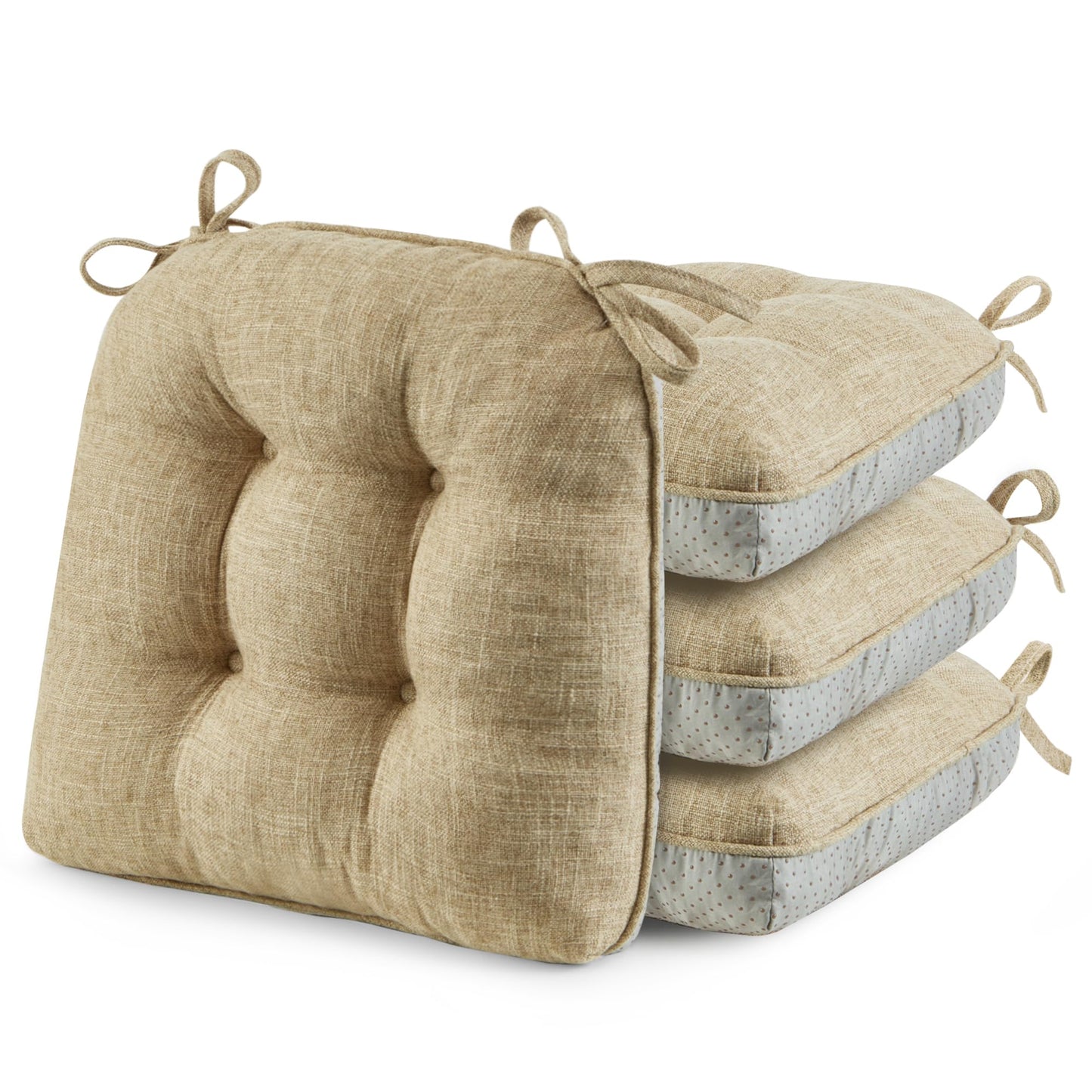 puredown® Chair Cushions for Dining Chairs, Tufted Memory Foam Chair Pads with Non-Slip Backing, Kitchen Seat Cushions with Ties, Washable Seat Pad Set of 4, 15.5" x 15.5" x 4", Khaki