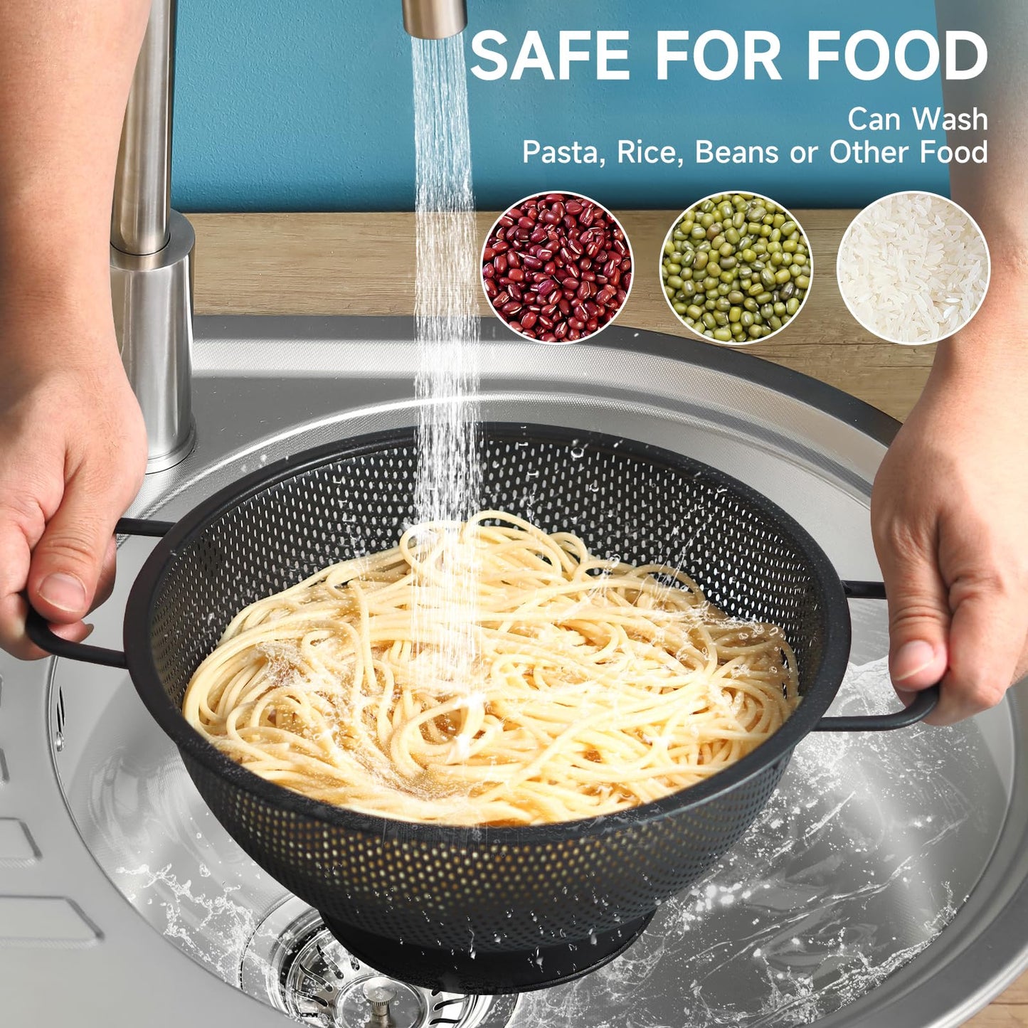 Black Colander for Kitchen, 3QT, Stainless Steel Pasta Strainer with Handle, Pasta Strainer for Fruits Vegetables Cooking Food, Dishwasher Safe