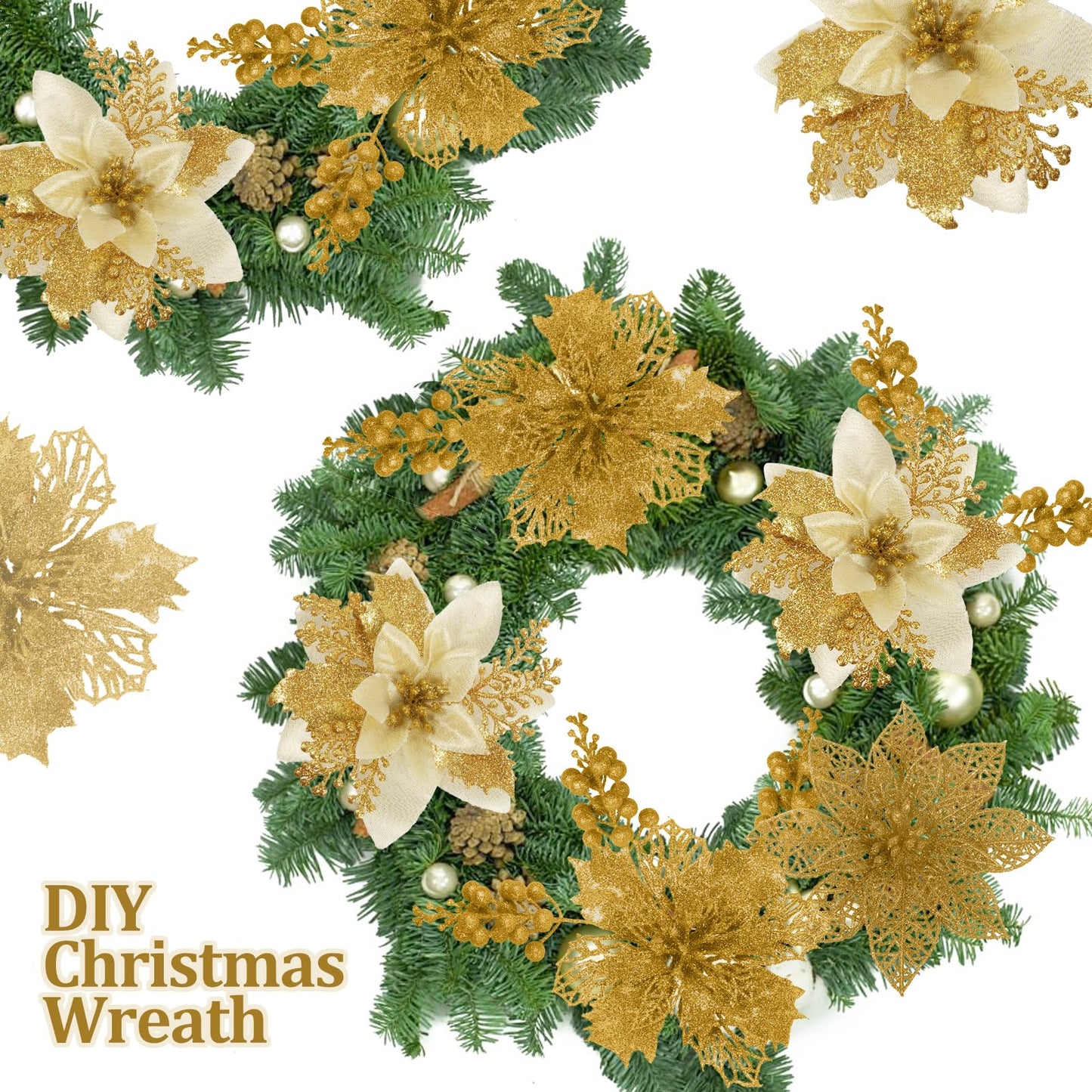 SJL 66 Pcs 3 Styles Christmas Glitter Poinsettia Flowers Artificial Berry Picks Christmas Tree Ornaments Artificial Christmas Flowers with Clips for Xmas Wedding Wreath Floral Decorations (Gold)