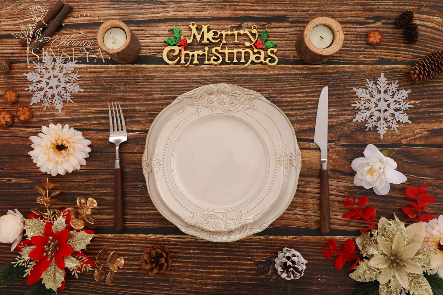 Senseya Artificial Christmas Flowers Poinsettia Combo Set, Mix Silk Flowers Fake Roses with Stems, for DIY Tree Ornaments Xmas Wreath Floral Arrangements Centerpieces Home Christmas Decorations