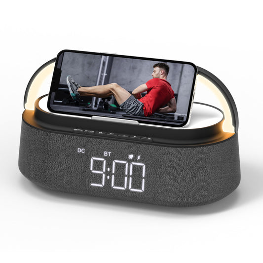 FREEFISH Bluetooth Speaker with Fast Wireless Charger,FM Radio,Touch LED Night Light,Phone Holder,Snooze, Portable Wireless Speaker for Bedrooms Office Home, Gifts (Black)