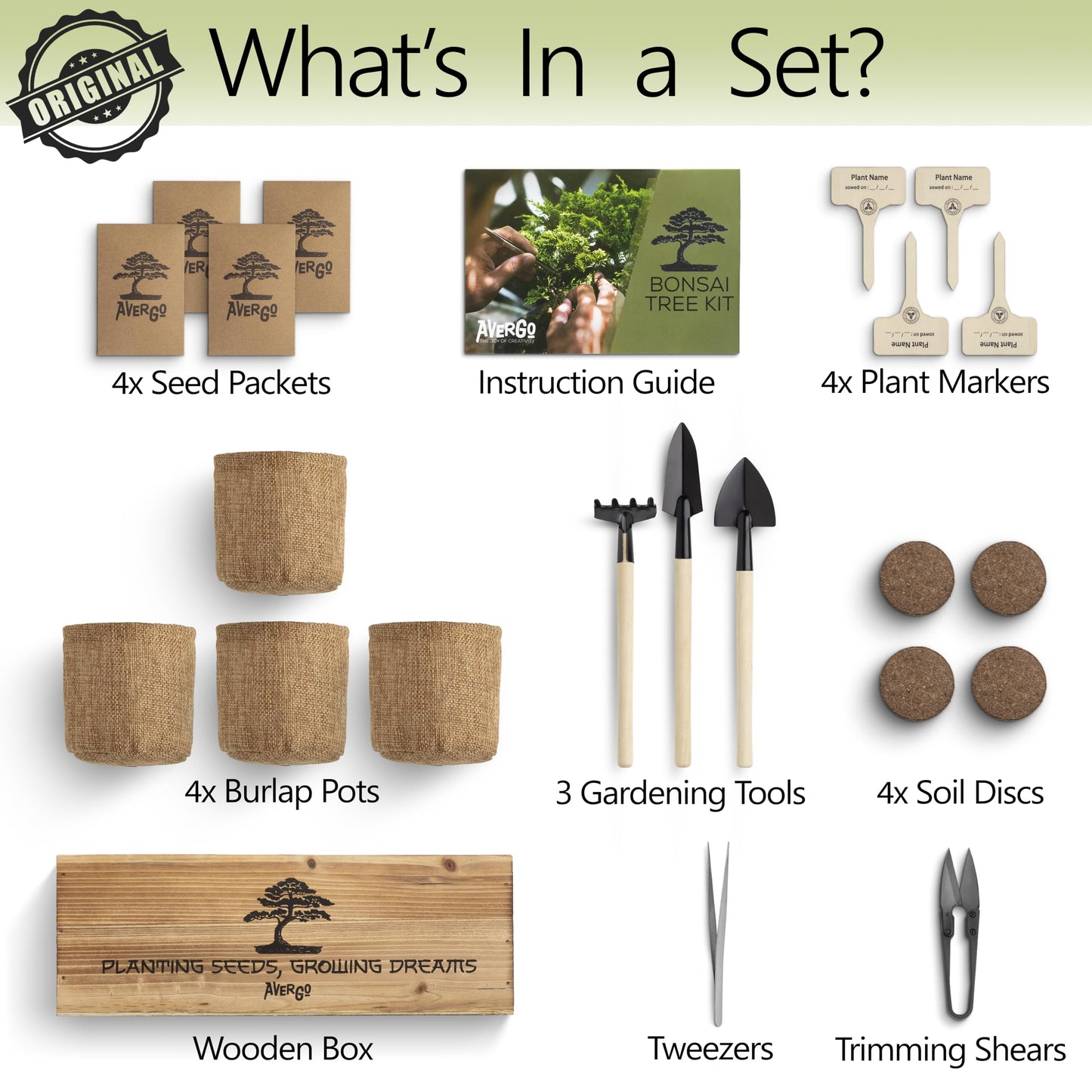 Avergo Bonsai Tree Kit – 4X Unique Japanese Bonzai Trees | Complete Indoor Starter Kit for Growing Bonsai Plants with Tools & Planters – Gardening Gifts for Women & Men