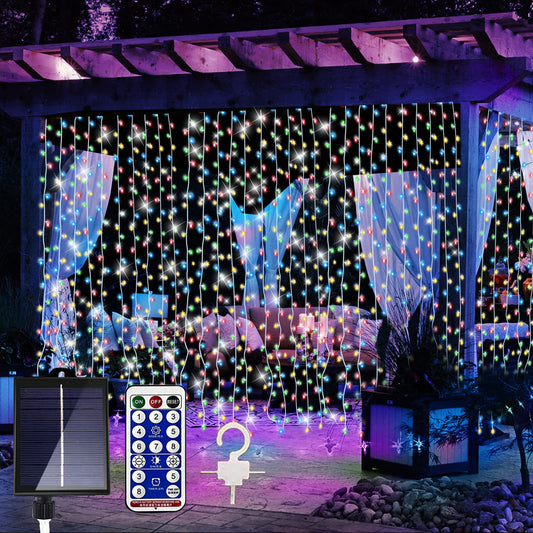 Solar Curtain Lights Remote Control, Outdoor Garden Lights 300 LED 8 Modes Remote Control Waterproof Solar Waterfall Fairy String Lights Decoration for Patio Garden Party Wedding (Multi-Color)