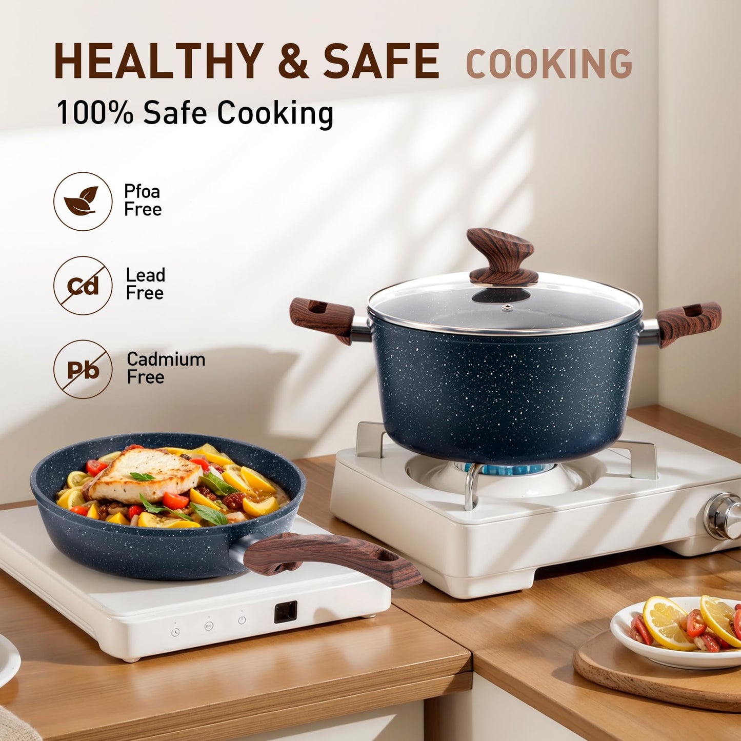 DisDelight Pots and Pans Set Non Stick, Nonstick Induction Granite Kitchen Cookware Sets, Induction Nonstick Granite Cooking Set, Induction Cookware Cooking Pan Set, Pan Sets for Cooking, Blue