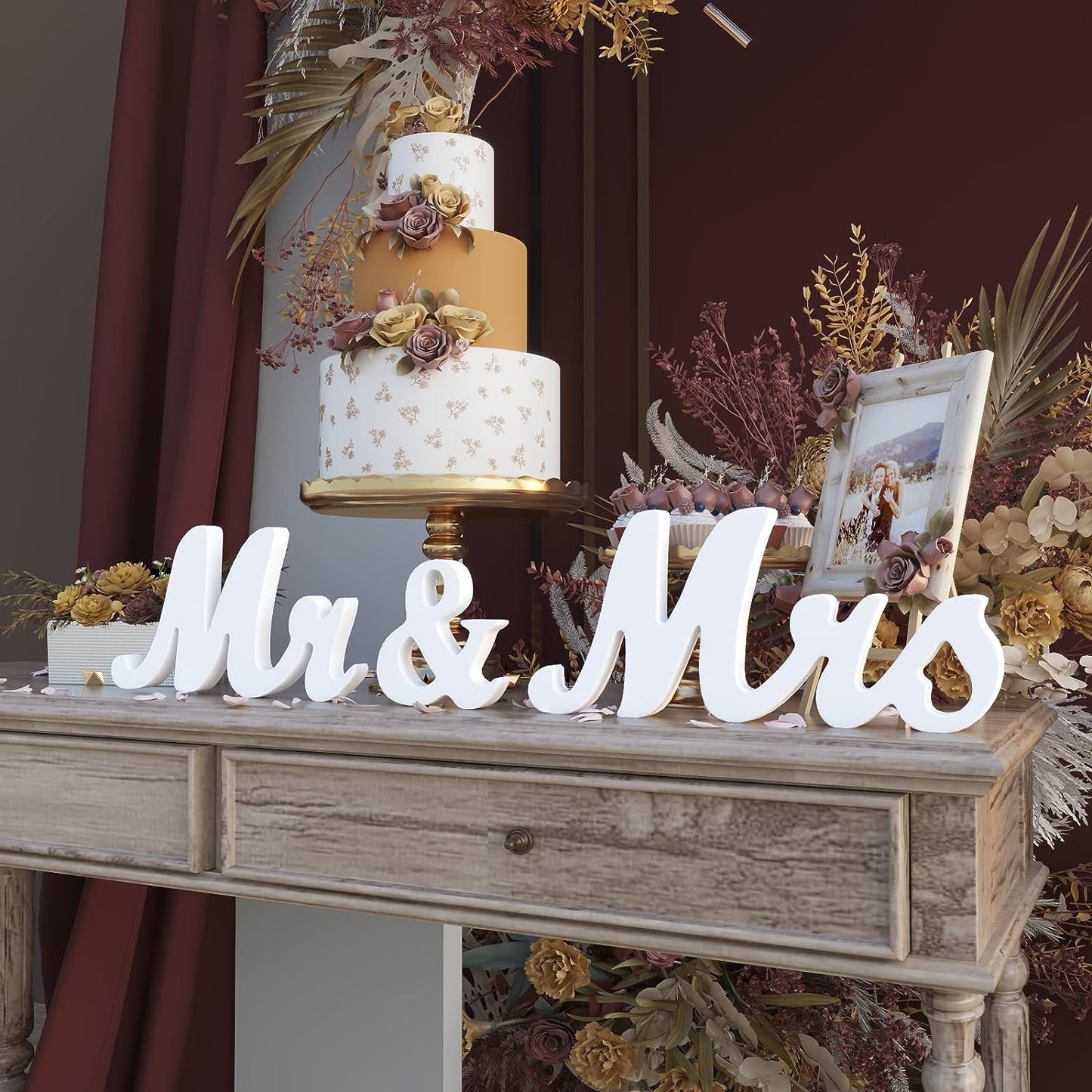VIOPVERY Mr and Mrs Sign for Wedding Table,Large White Mr and Mrs Sign,Wooden Letters,Mr & Miss Sign with Just Married Banner Wedding Decorations for Anniversary