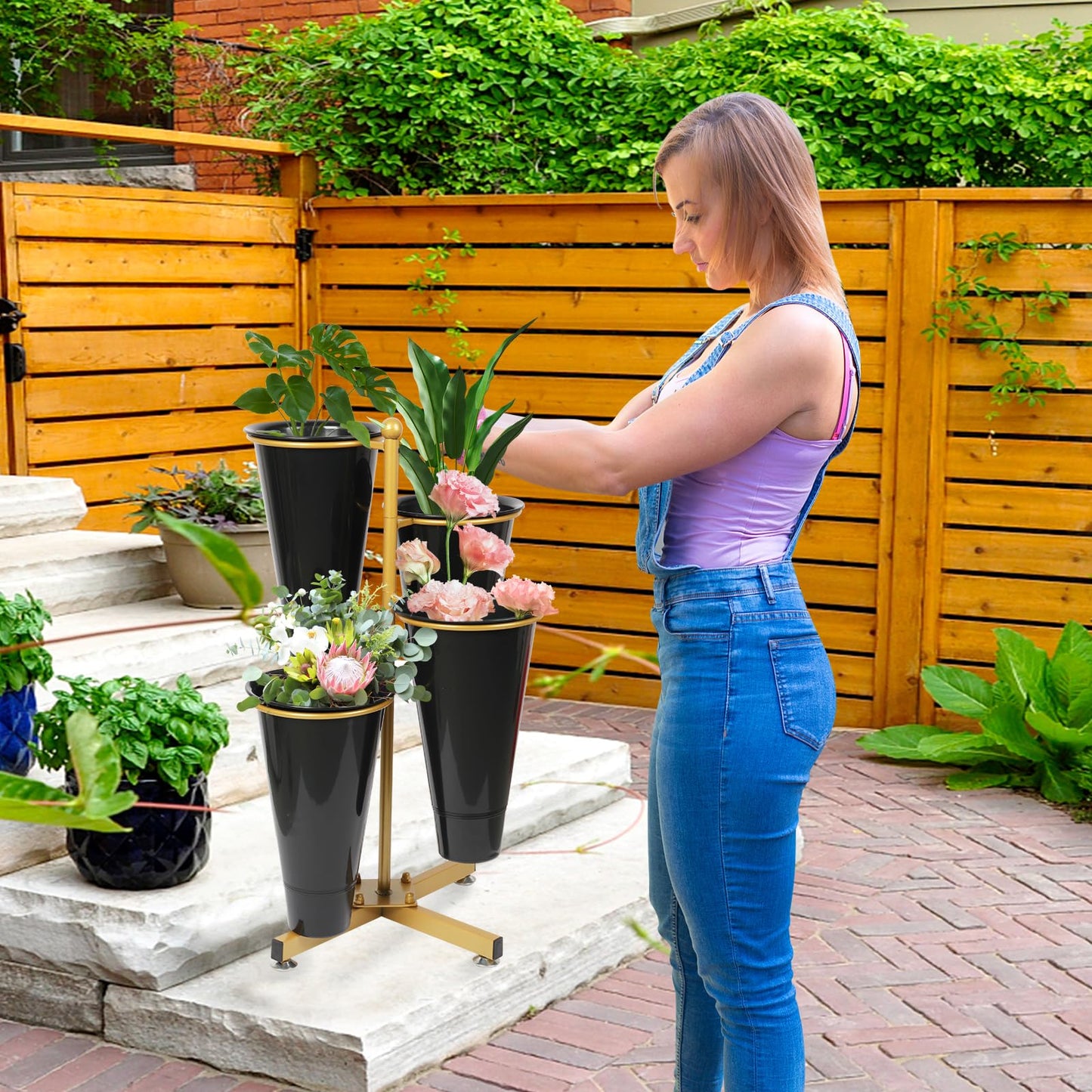 Flower Display Stand with 4 Bucket,Floral Stand with Foldable Frame for Silk Fresh Flowers,4 Tier Florist Shelf Plant Cart for flower shop Garden Living Room,Easy to Install (Gold Shelf+ Black Bucket)