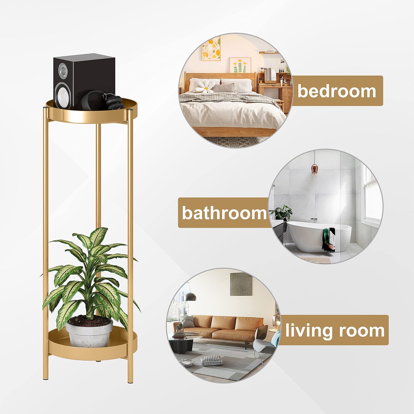 Philodwell Metal Gold Tall Plant Stand Indoor or Outdoor - 30 inch 2 Tier Modern Corner Planter Shelf Rack with 2 Removable Display Shelves(10 inch) for Bedroom Living Room Balcony