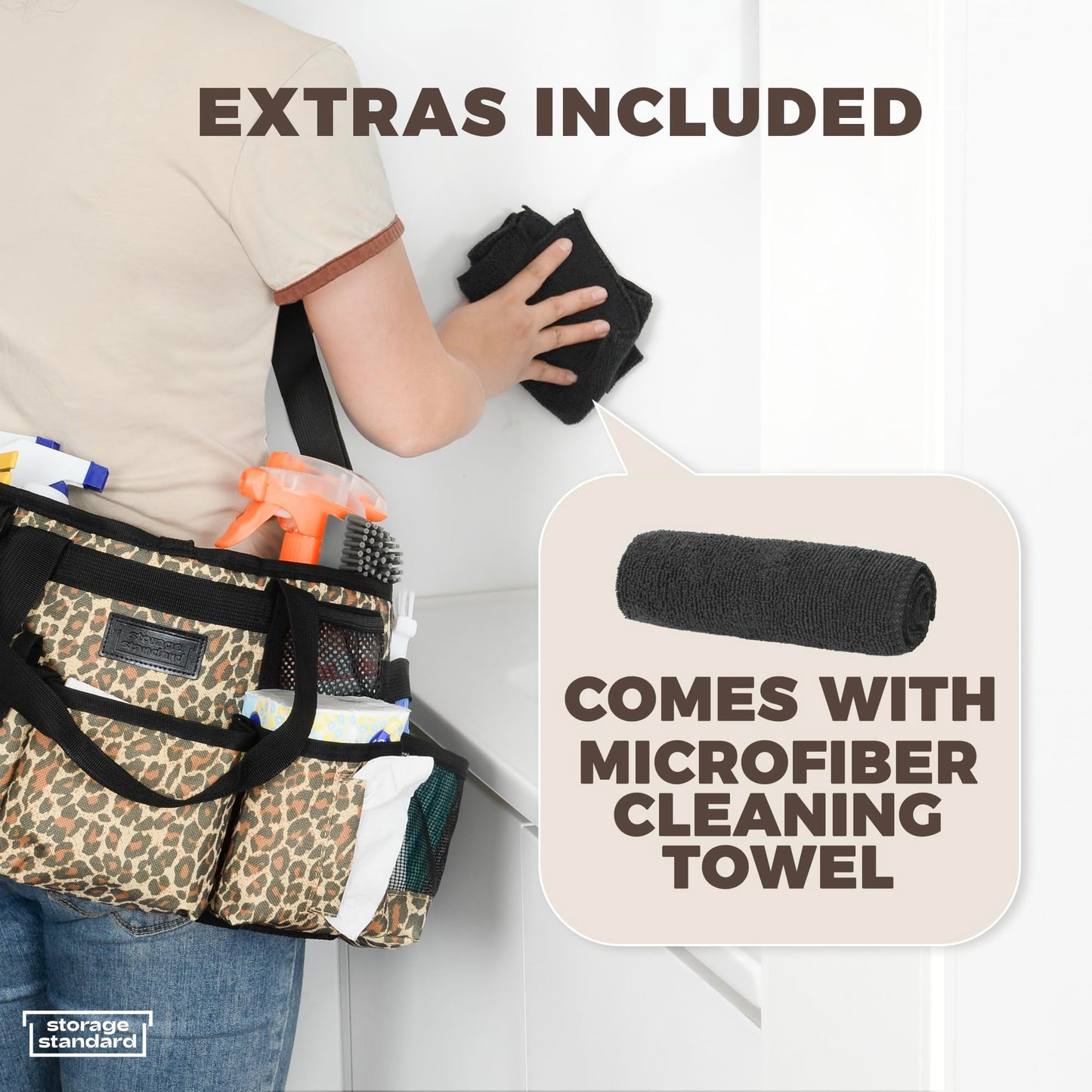 Storage Standard Cleaning Caddy Organizer with Handle - Small Cleaning Caddy Supplies Bag with Shoulder & Waist Strap - Cleaning Supplies Organizer with Cleaning Cloth - Leopard