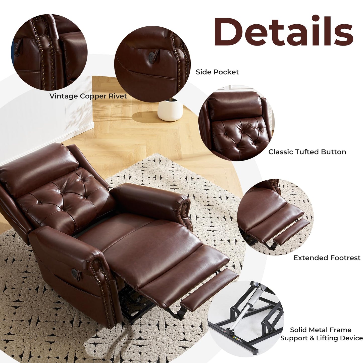 Rhevoy Power Lift Recliner Chair for Elderly with Adjustable Headrest,Electric Lift Chair with Massage and Heat, Lay Flat Recliner for Big and Tall,Brown