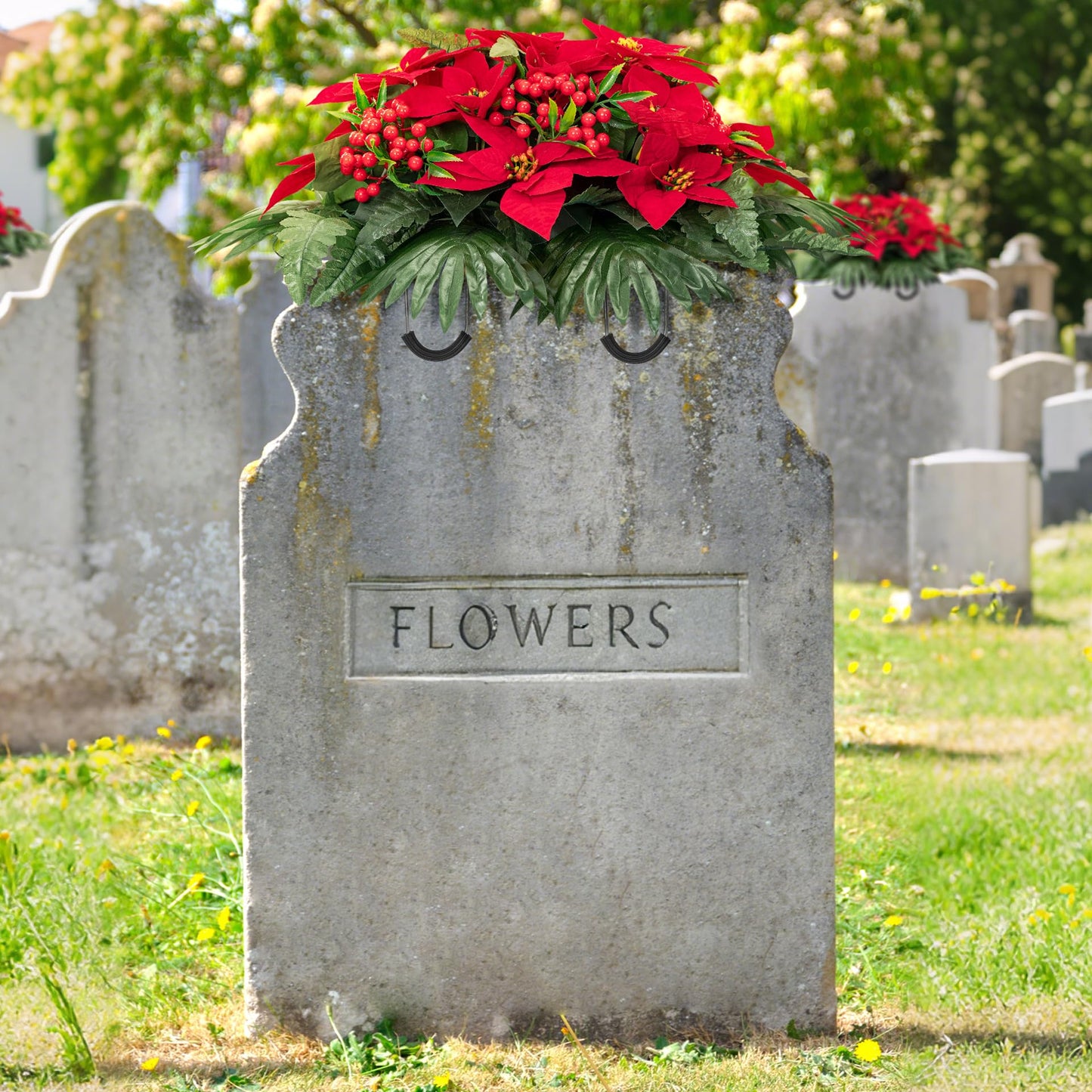 Uqueeten Poinsettia Flowers Artificial Christmas Grave Decorations for Cemetery Sympathy Flowers Cemetery Vases for Grave Fake Flowers Christmas Cemetery Decorations Plastic Christmas Flowers (Red)