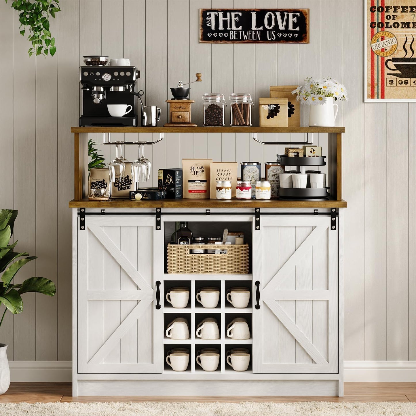 4ever2buy Farmhouse Coffee Bar with LED Lights, 47 inch Coffee Bar Cabinet with Storage, Wine Bar Cabinet with Wine and Glass Rack for Living, Dining Room, White