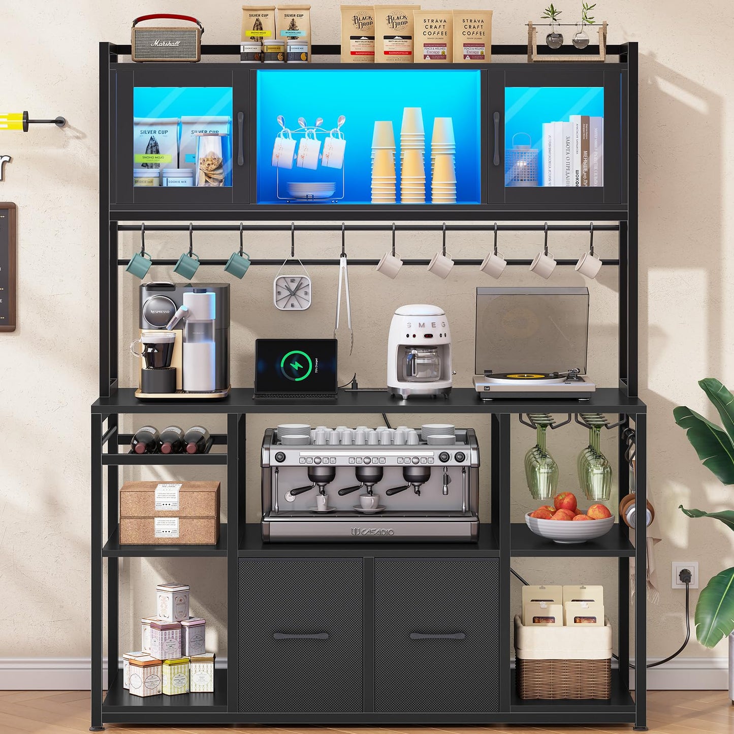 Itaar 47.2 Inch Coffee Bar Cabinet with Power Outlet, Farmhouse Bakers Rack with Storage, Kitchen Microwave Stand with Wine Rack, LED Light, Glass Cabinet, Goblet Holder and 12 Hooks (Black)