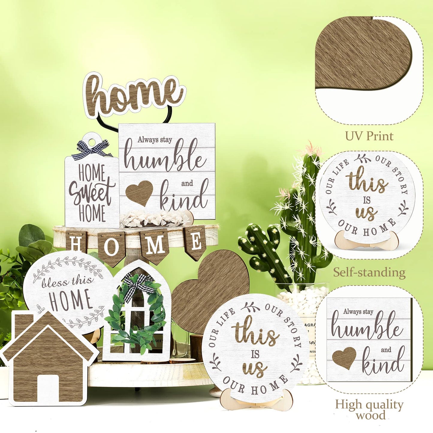 Maitys 10 Pcs Summer Beach Tiered Tray Decoration Set Farmhouse Rustic Decor Wood Sign Rustic Table Ornaments for Kitchen Table Housewarming Gift (Home Style)