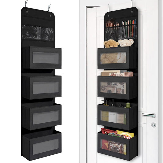 Over Door Organizer with 4 Large Capacity Pockets, Hanging Organizer Storage for Closet Bathroom Nursery Bedroom Dorm, Toys Cosmetics Sundries and Baby Essentials, Black