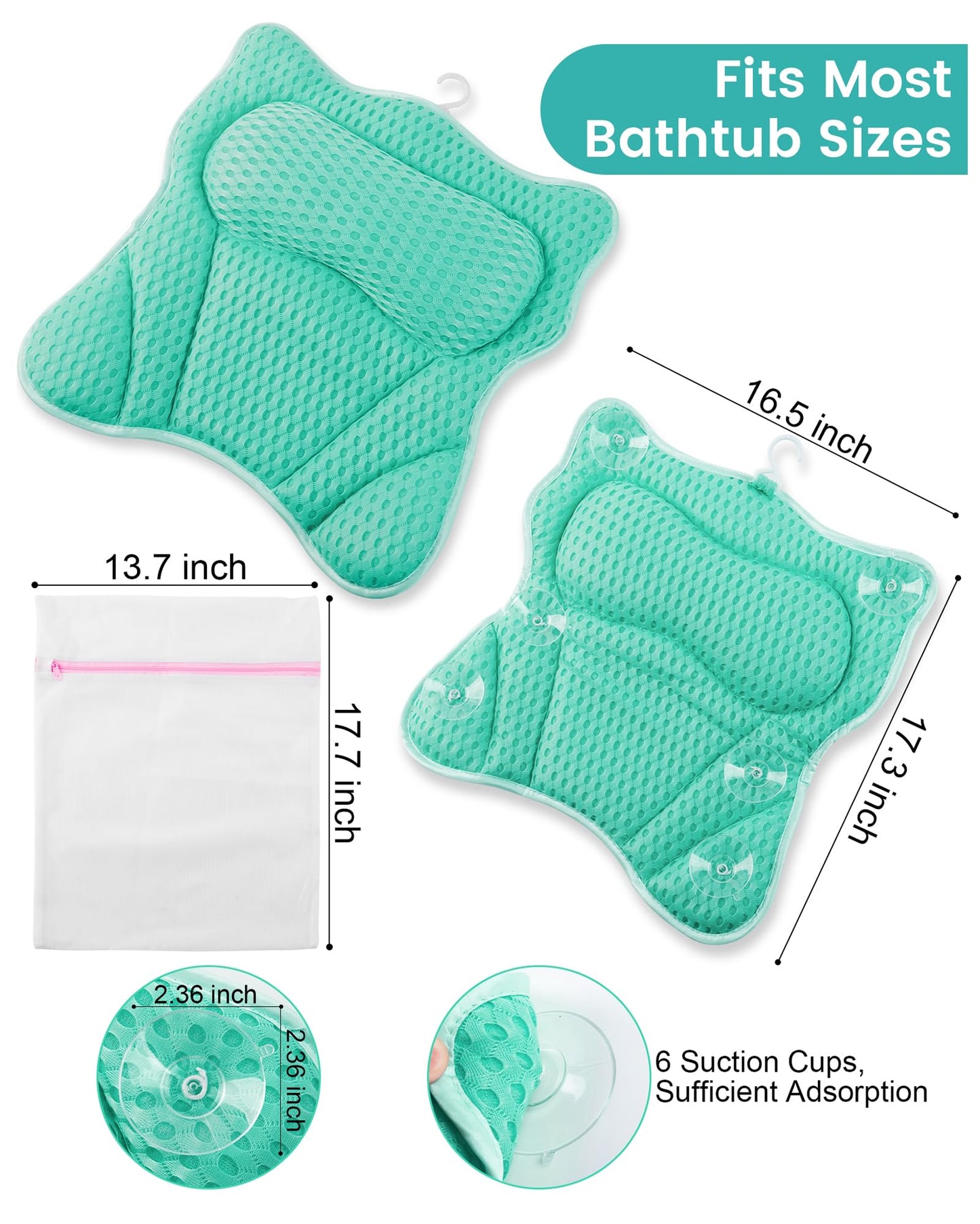 MTDLYICE Bath Pillow, Bath Pillows for Tub Neck and Back Support, Soft 4D Air Mesh Bathtub Pillow 16.5 x 17.3 INCH, with 6 Powerful Suction Cups, Bath Accessories Relaxing Gifts for Women (Lake Blue)