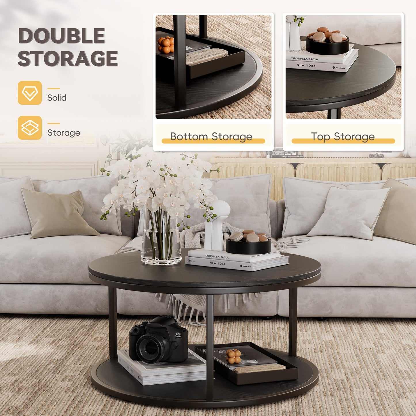 YESHOMY 36“ Black Round Coffee Table, Coffee Tables for Living Room, Metal & Wood Round Table, Small Space Solution for Living Room Furniture, Black