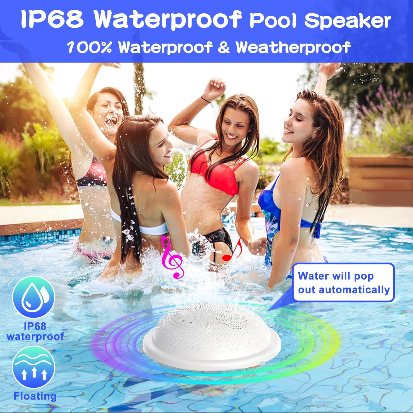 KingSom Bluetooth Pool Speaker,Floating Pools Speaker with Colorful Lights,Hot Tub Speakers IP68 Waterproof P ool Speakers,16W Loud Stereo Sound Bluetooth Speak er,TWS Pairing Floating Speake r-White