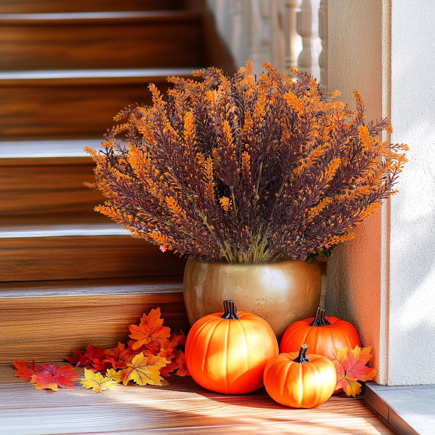 TURNMEON 10 Bundles Artificial Fall Flowers for Outdoors Fall Decorations, UV Resistant Artificial Lavender Plastic Flowers Faux Fall Plants Fake Mums Autumn Thanksgiving Decor Porch Home Gardens