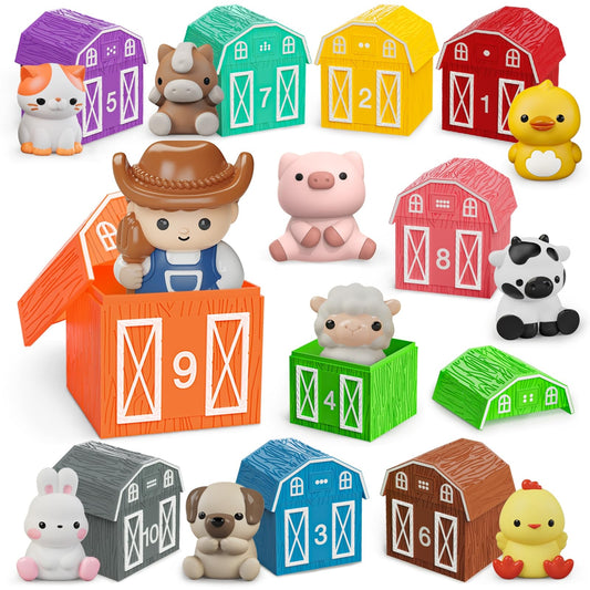 Learning Toys for 1 2 3+ Year Old Toddlers, 20pcs Farm Animals Barn Toys Finger Puppets for Kids,Montessori Counting Matching & Color Sorting Toy Set,Easter Christmas Birthday Gift for Baby Boys Girls