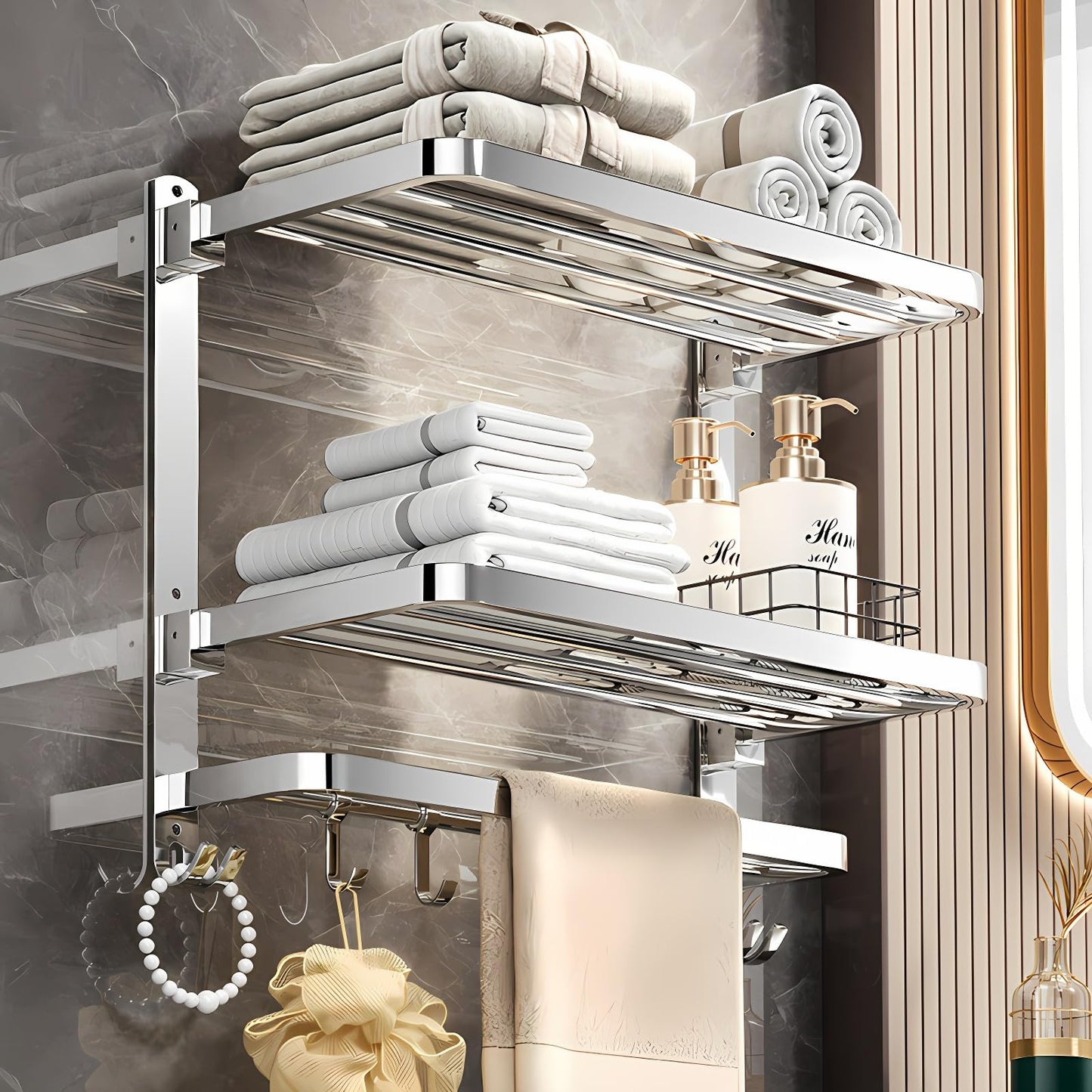 Towel Racks for Bathroom,Soupiar 3 Tier Foldable Bathroom Towel Rack Wall Mounted,16Inch Stainless Steel Shelf Towel Bar,Lavatory Holder with Hooks Shelves（Silver）